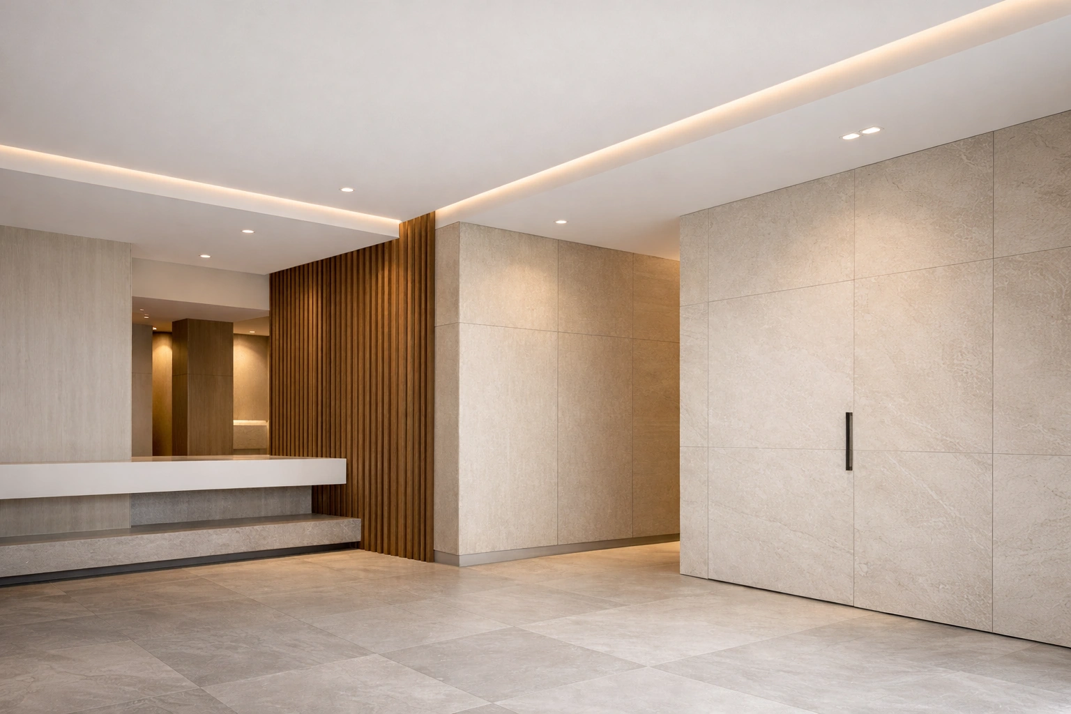 Luxury interior finishes with stone wall panels and wood slat accents designed by Appo Designs in Miami