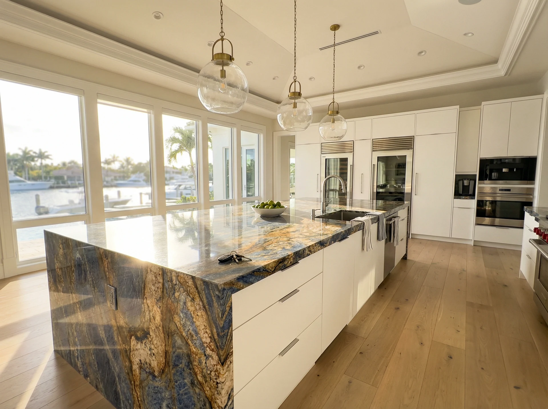 Luxury waterfront kitchen with exotic stone waterfall island and white cabinets in Boca Raton by Appo Designs