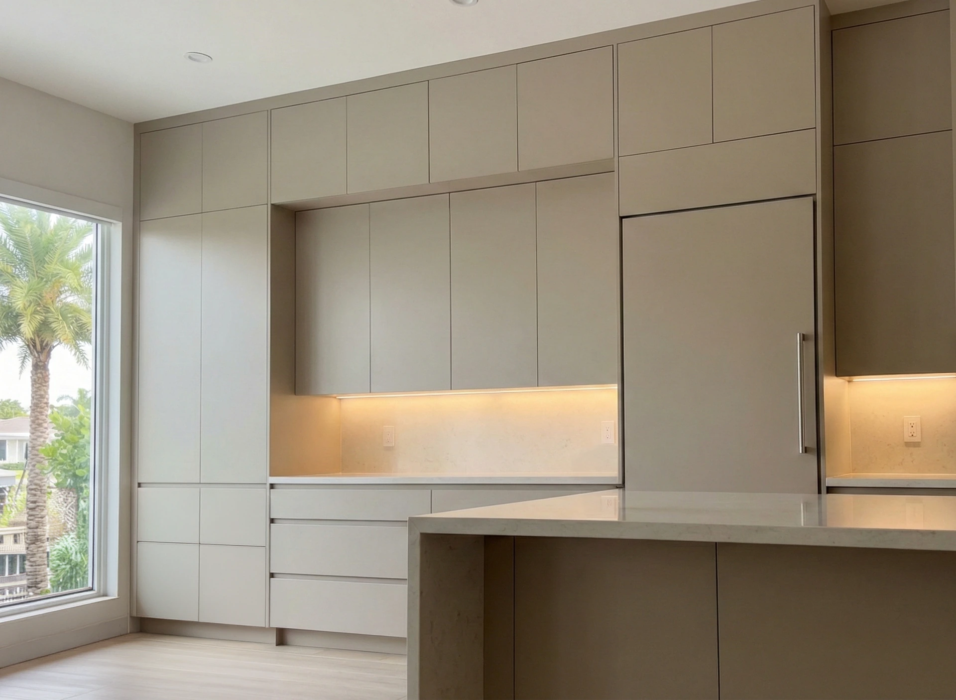 Modern custom cut cabinets with LED lighting and floor-to-ceiling storage installed in West Palm Beach by Appo Designs