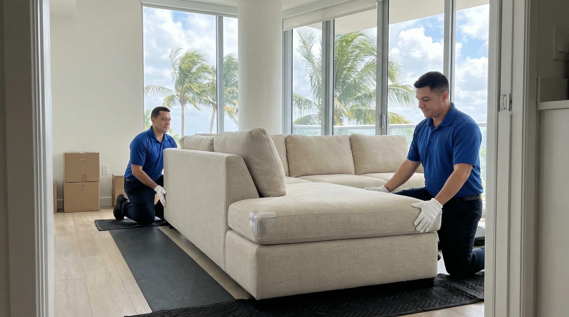 Professional furniture delivery team installing sectional sofa in Miami residence by Appo Designs